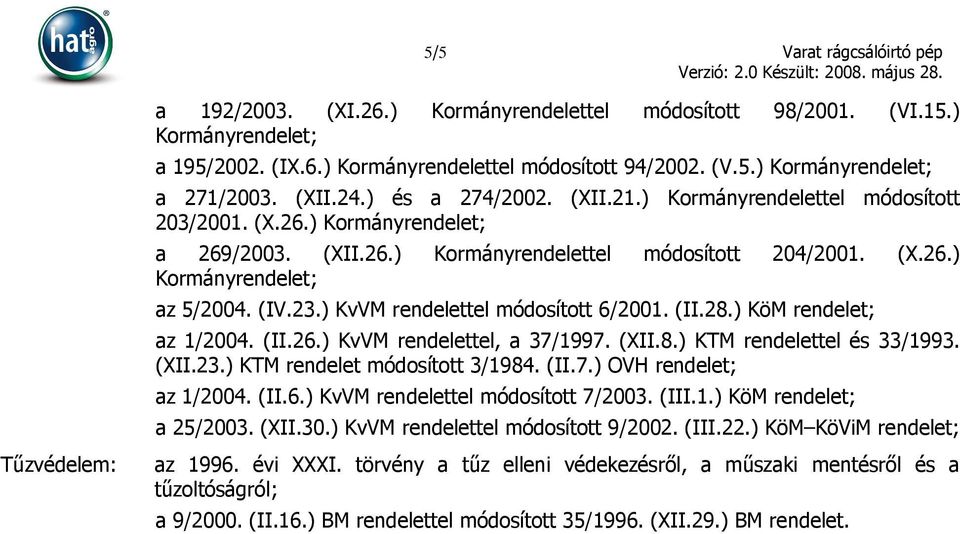 (IV.23.) KvVM rendelettel módosított 6/2001. (II.28.) KöM rendelet; az 1/2004. (II.26.) KvVM rendelettel, a 37/1997. (XII.8.) KTM rendelettel és 33/1993. (XII.23.) KTM rendelet módosított 3/1984. (II.7.) OVH rendelet; az 1/2004.