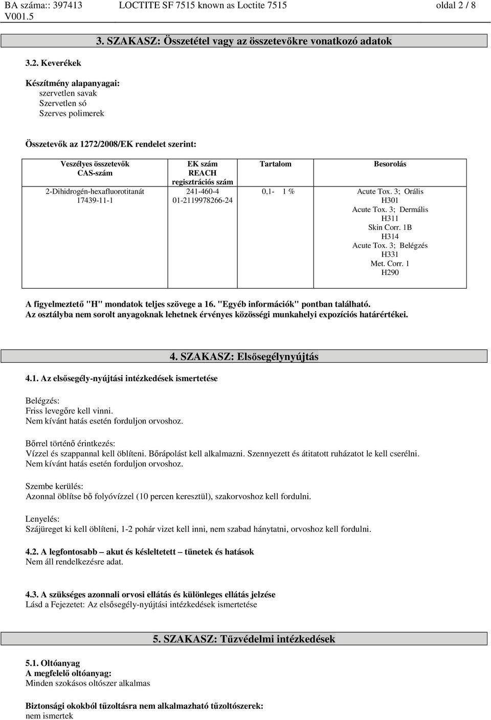 Keverékek Készítmény alapanyagai: szervetlen savak Szervetlen só Szerves polimerek Összetevők az 1272/2008/EK rendelet szerint: Veszélyes összetevők CAS-szám EK szám REACH regisztrációs szám