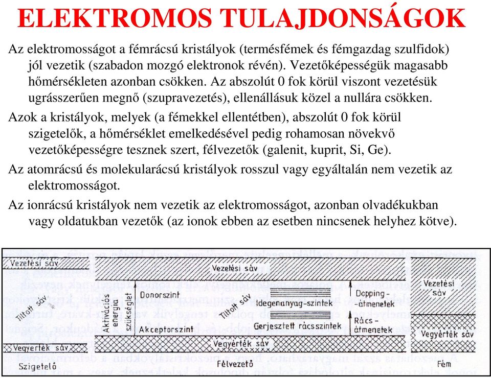 Azok a kristályok, melyek (a fémekkel ellentétben), abszolút 0 fok körül szigetelık, a hımérséklet emelkedésével pedig rohamosan növekvı vezetıképességre tesznek szert, félvezetık (galenit,