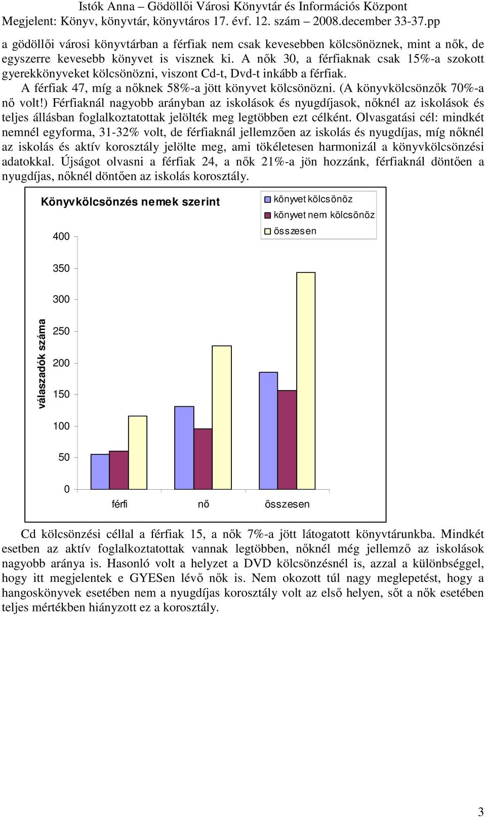 A nık 3, a férfiaknak csak 15%-a szokott gyerekkönyveket kölcsönözni, viszont Cd-t, Dvd-t inkább a férfiak. A férfiak 47, míg a nıknek 58%-a jött könyvet kölcsönözni. (A könyvkölcsönzık 7%-a nı volt!