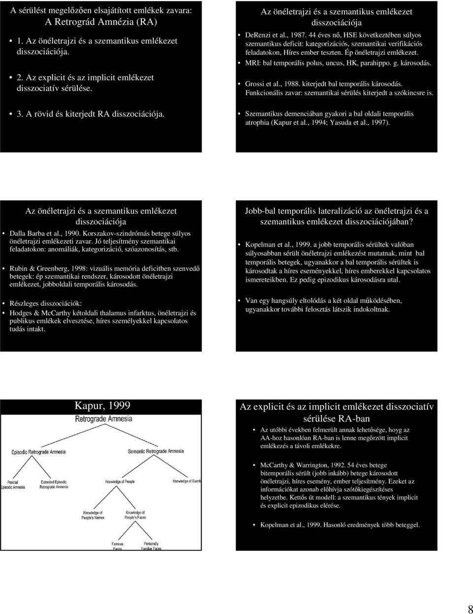 44 éves nő, HSE következtében súlyos szemantikus deficit: kategorizációs, szemantikai verifikációs feladatokon, Híres ember teszten. Ép önéletrajzi emlékezet.