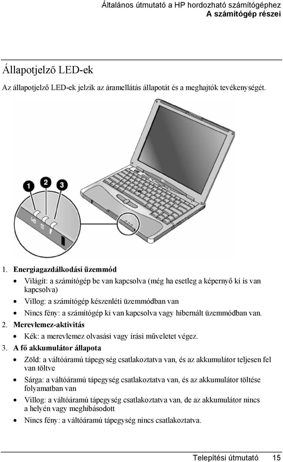 kapcsolva vagy hibernált üzemmódban van. 2. Merevlemez-aktivitás Kék: a merevlemez olvasási vagy írási műveletet végez. 3.