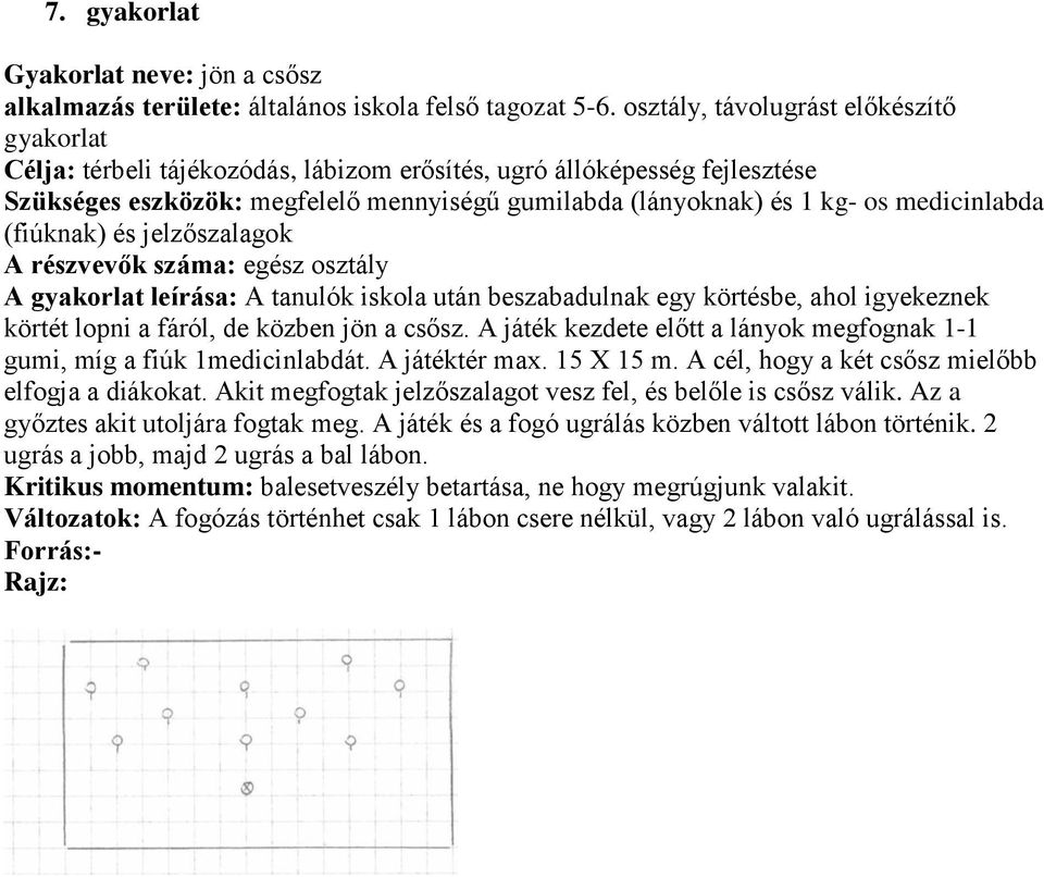 medicinlabda (fiúknak) és jelzőszalagok A gyakorlat leírása: A tanulók iskola után beszabadulnak egy körtésbe, ahol igyekeznek körtét lopni a fáról, de közben jön a csősz.