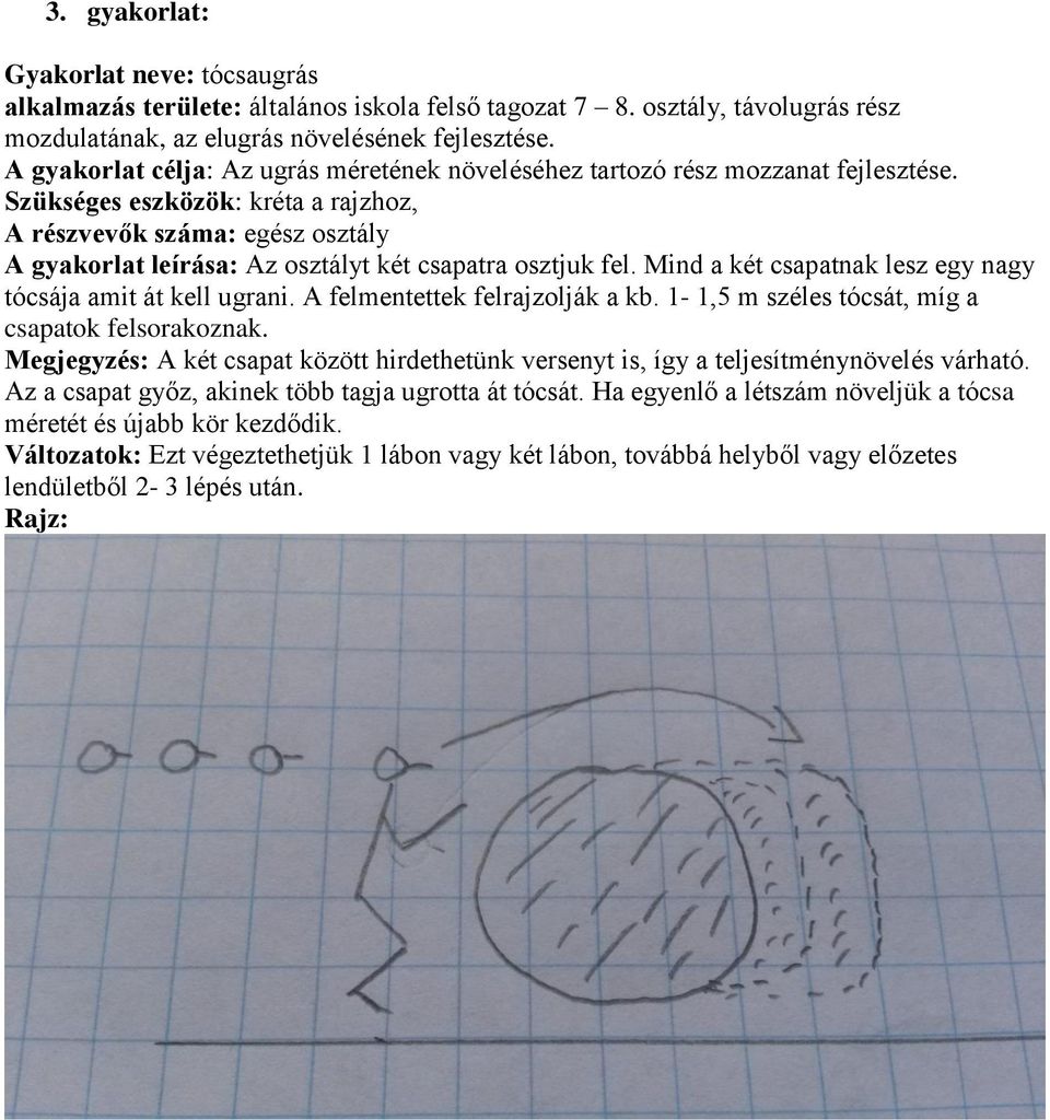 Mind a két csapatnak lesz egy nagy tócsája amit át kell ugrani. A felmentettek felrajzolják a kb. 1-1,5 m széles tócsát, míg a csapatok felsorakoznak.