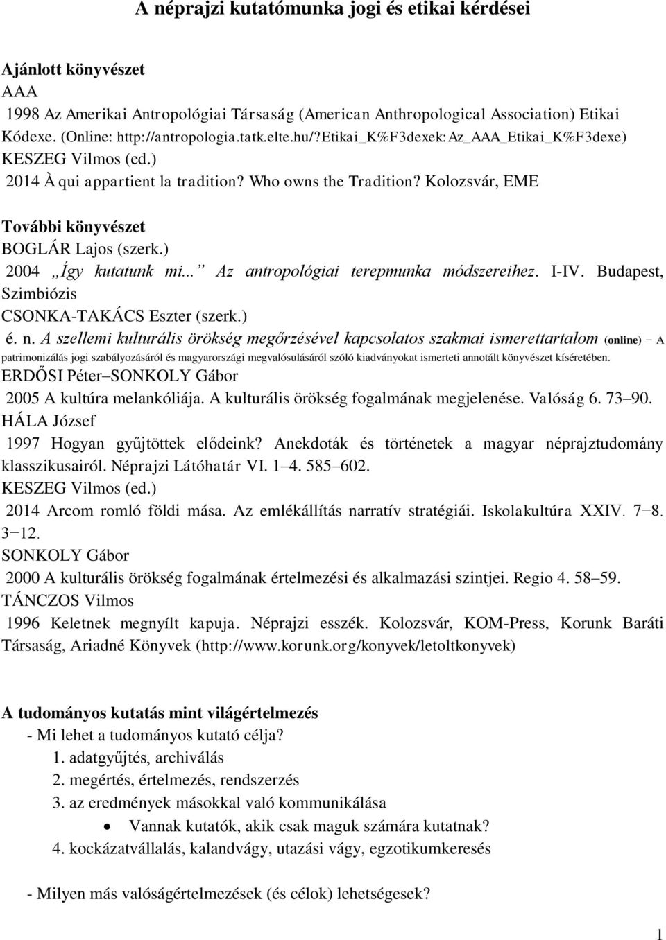 ) 2004 Így kutatunk mi... Az antropológiai terepmunka módszereihez. I-IV. Budapest, Szimbiózis CSONKA-TAKÁCS Eszter (szerk.) é. n.