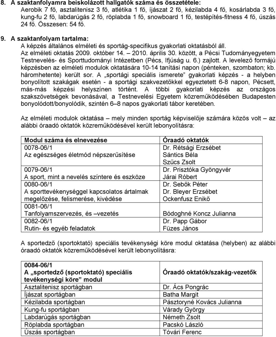 Az elméleti oktatás 2009. október 14. 2010. április 30. között, a Pécsi Tudományegyetem Testnevelés- és Sporttudományi Intézetben (Pécs, Ifjúság u. 6.) zajlott.