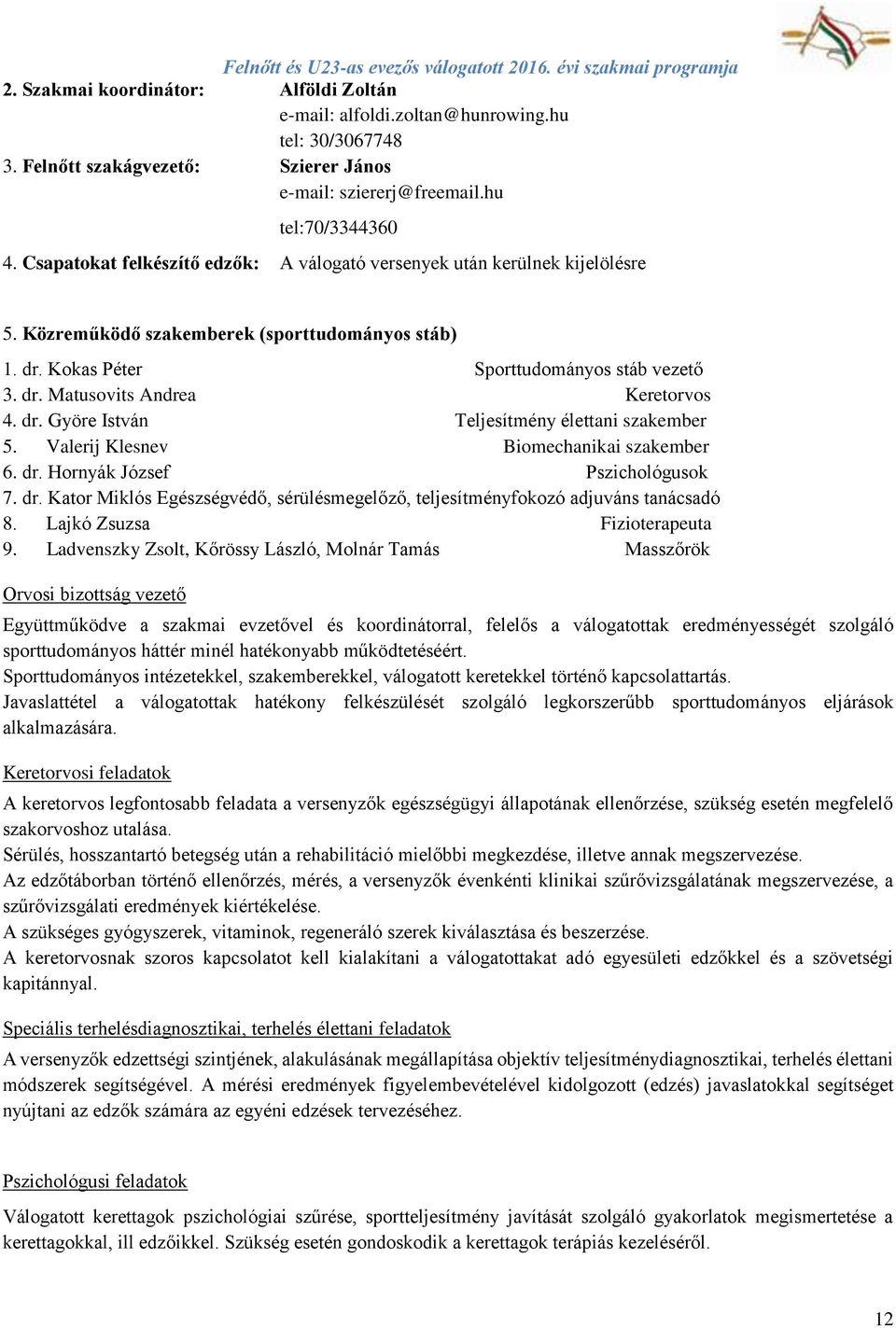 dr. Györe István Teljesítmény élettani szakember 5. Valerij Klesnev Biomechanikai szakember 6. dr. Hornyák József Pszichológusok 7. dr. Kator Miklós Egészségvédő, sérülésmegelőző, teljesítményfokozó adjuváns tanácsadó 8.