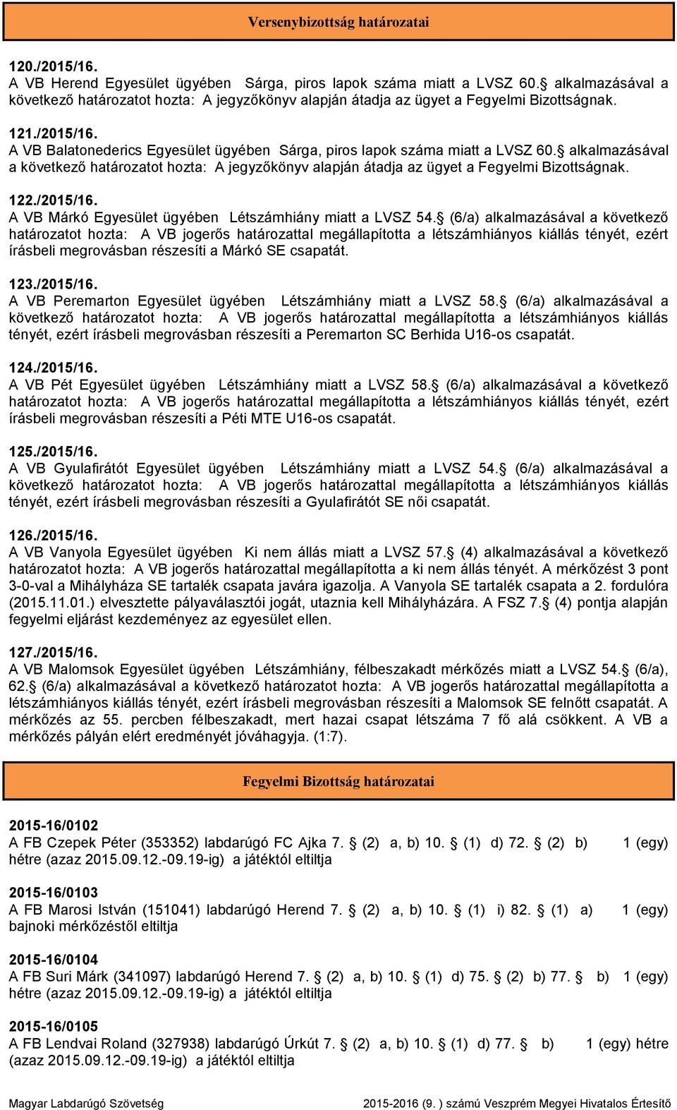 A VB Balatonederics Egyesület ügyében Sárga, piros lapok száma miatt a LVSZ 60. alkalmazásával a következő határozatot hozta: A jegyzőkönyv alapján átadja az ügyet a Fegyelmi Bizottságnak. 122.