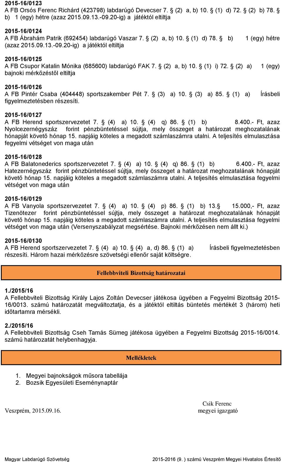 20-ig) a játéktól eltiltja hétre 2015-16/0125 A FB Csupor Katalin Mónika (685600) labdarúgó FAK 7. (2) a, b) 10. (1) i) 72. (2) a) 2015-16/0126 A FB Pintér Csaba (404448) sportszakember Pét 7.