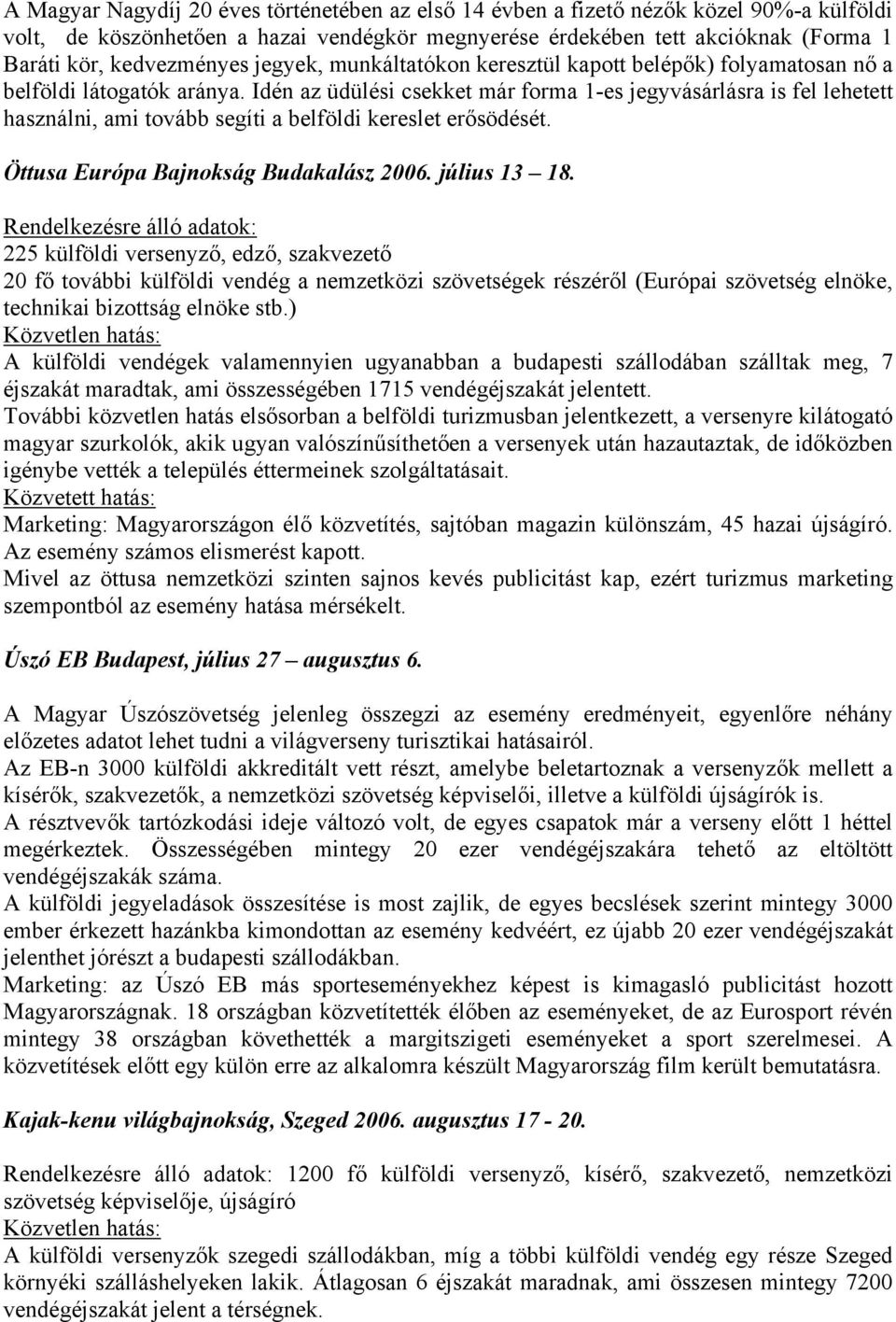 Idén az üdülési csekket már forma 1-es jegyvásárlásra is fel lehetett használni, ami tovább segíti a belföldi kereslet erősödését. Öttusa Európa Bajnokság Budakalász 2006. július 13 18.