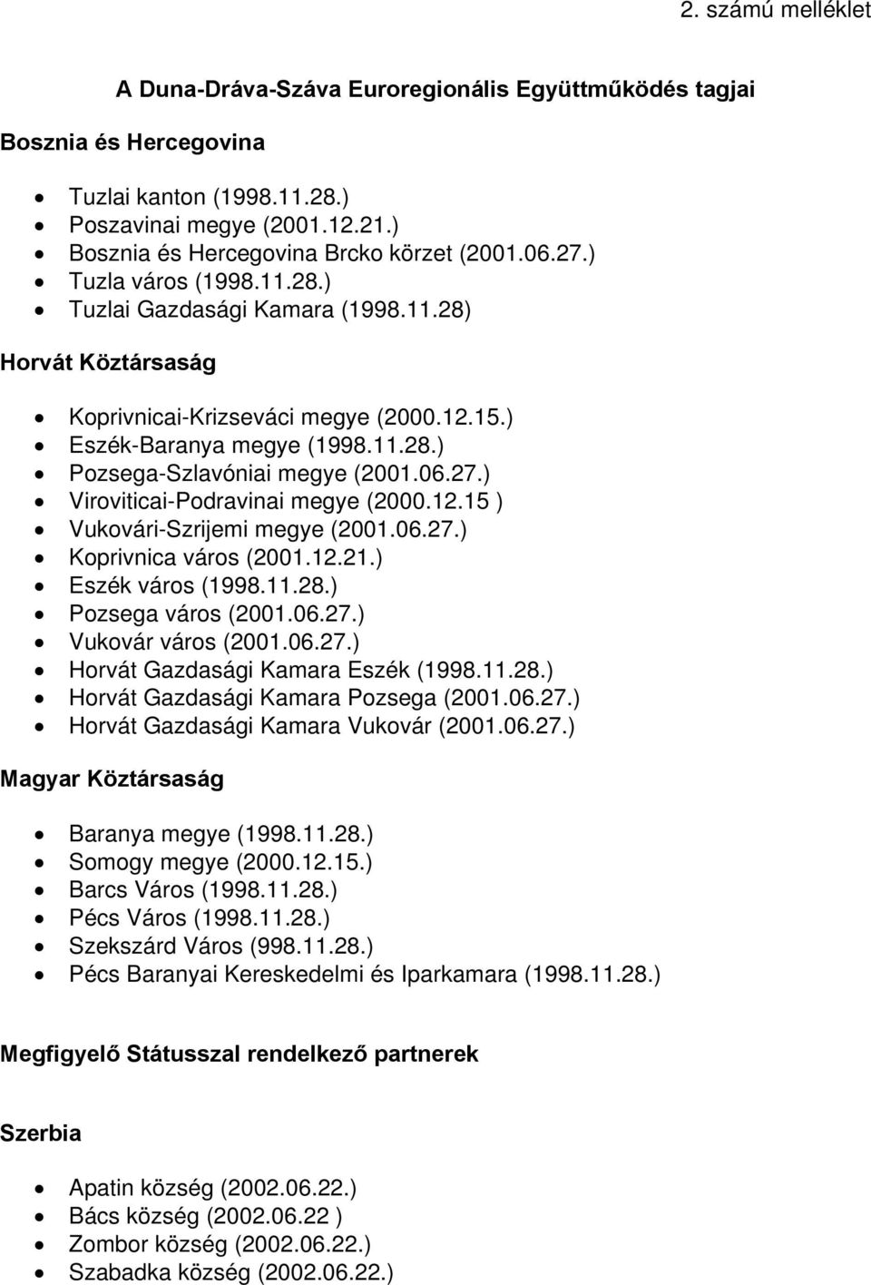 06.27.) Viroviticai-Podravinai megye (2000.12.15 ) Vukovári-Szrijemi megye (2001.06.27.) Koprivnica város (2001.12.21.) Eszék város (1998.11.28.) Pozsega város (2001.06.27.) Vukovár város (2001.06.27.) Horvát Gazdasági Kamara Eszék (1998.