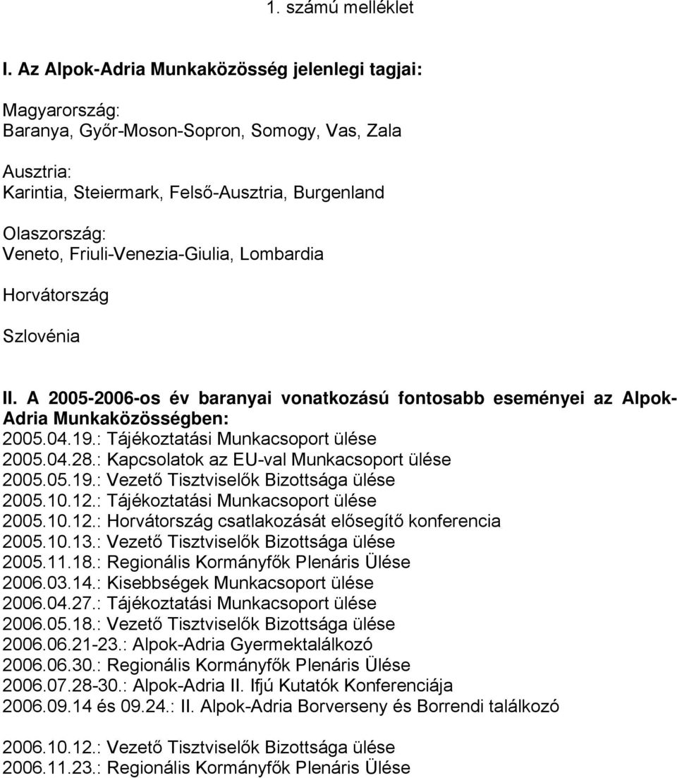 Friuli-Venezia-Giulia, Lombardia Horvátország Szlovénia II. A 2005-2006-os év baranyai vonatkozású fontosabb eseményei az Alpok- Adria Munkaközösségben: 2005.04.19.