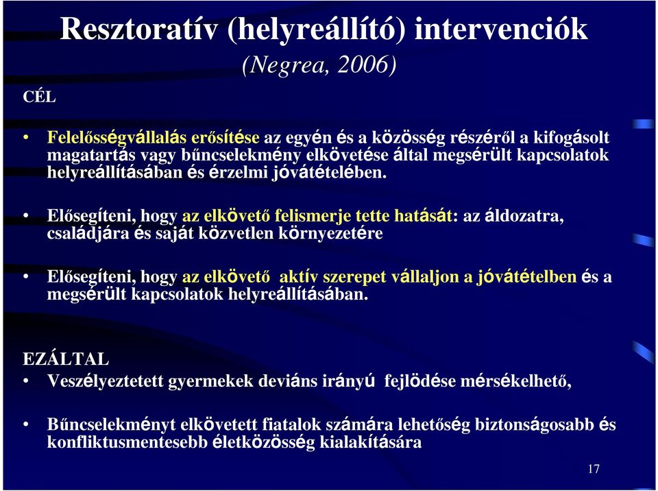 Elısegíteni, hogy az elkövetı felismerje tette hatását: az áldozatra, családjára és saját közvetlen környezetére Elısegíteni, hogy az elkövetı aktív szerepet