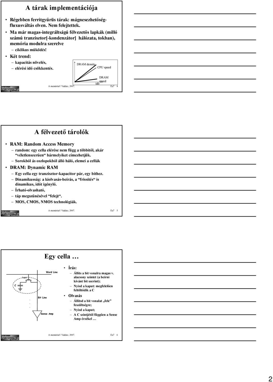 Két trend: kapacitás növelés, DRAM density elérési idő csökkentés. CPU speed DRAM speed idõ A memória Vadász, 2007.
