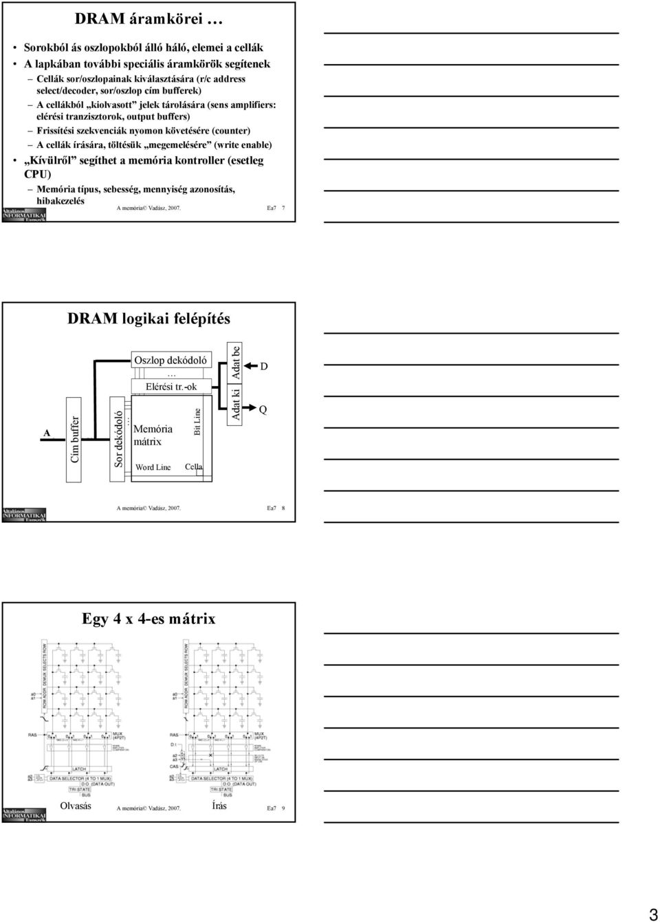 megemelésére (write enable) Kívülről segíthet a memória kontroller (esetleg CPU) Memória típus, sebesség, mennyiség azonosítás, hibakezelés A memória Vadász, 2007.