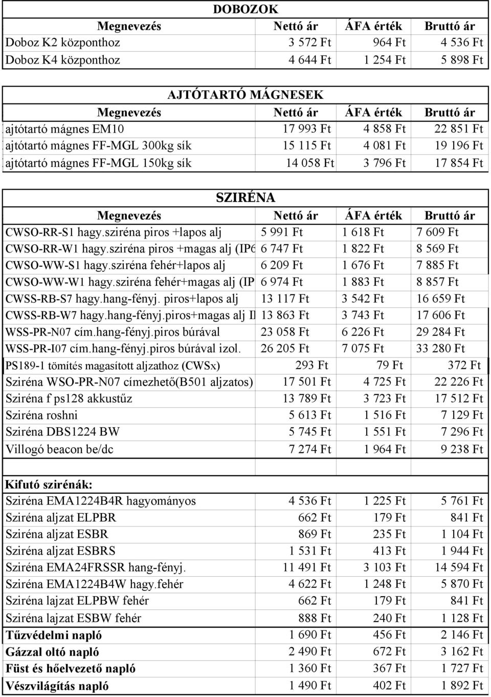 sziréna piros +lapos alj 5 991 Ft 1 618 Ft 7 609 Ft CWSO-RR-W1 hagy.sziréna piros +magas alj (IP65)6 747 Ft 1 822 Ft 8 569 Ft CWSO-WW-S1 hagy.