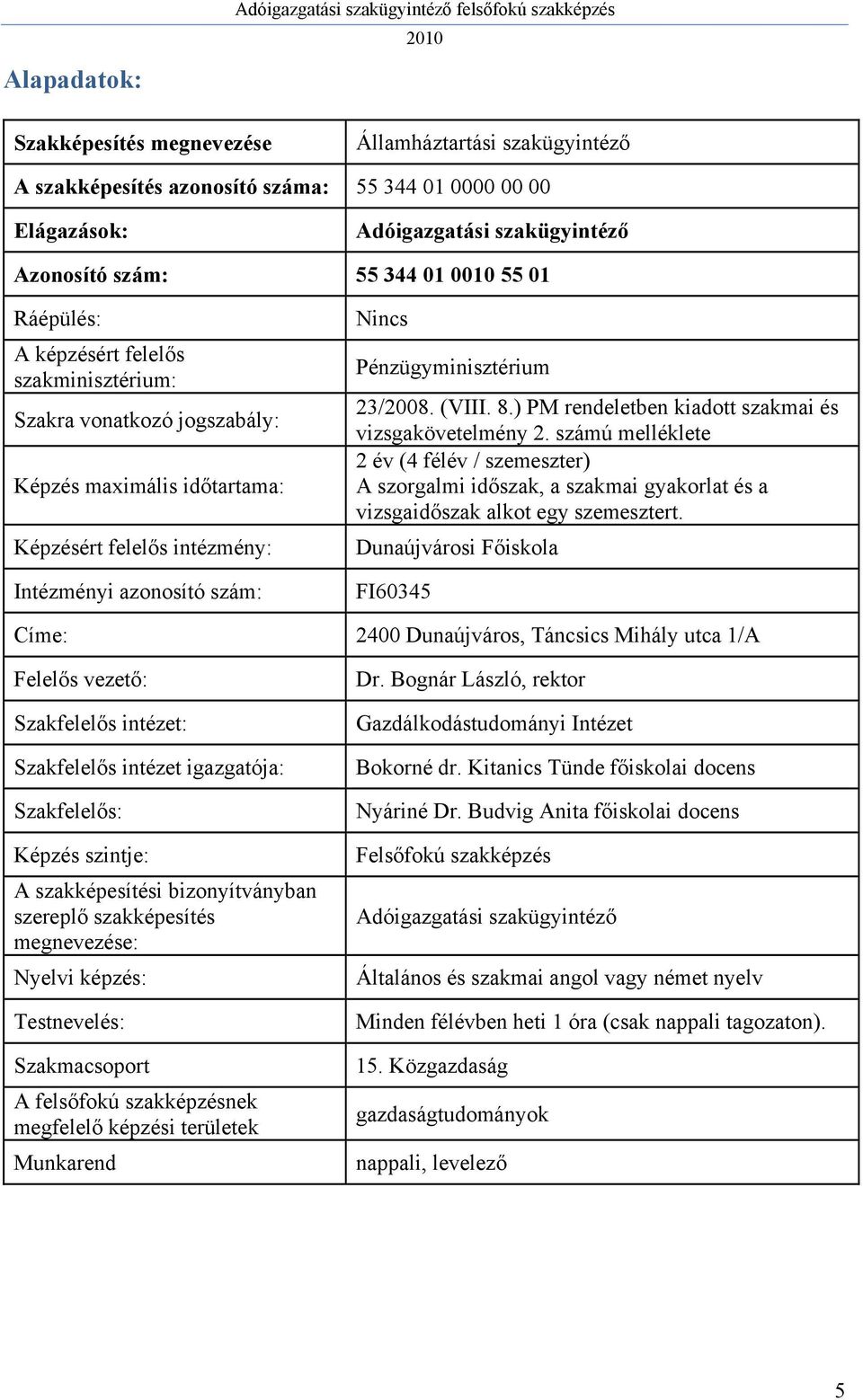 azonosító szám: Nincs Pénzügyminisztérium 23/2008. (VIII. 8.) PM rendeletben kiadott szakmai és vizsgakövetelmény 2.