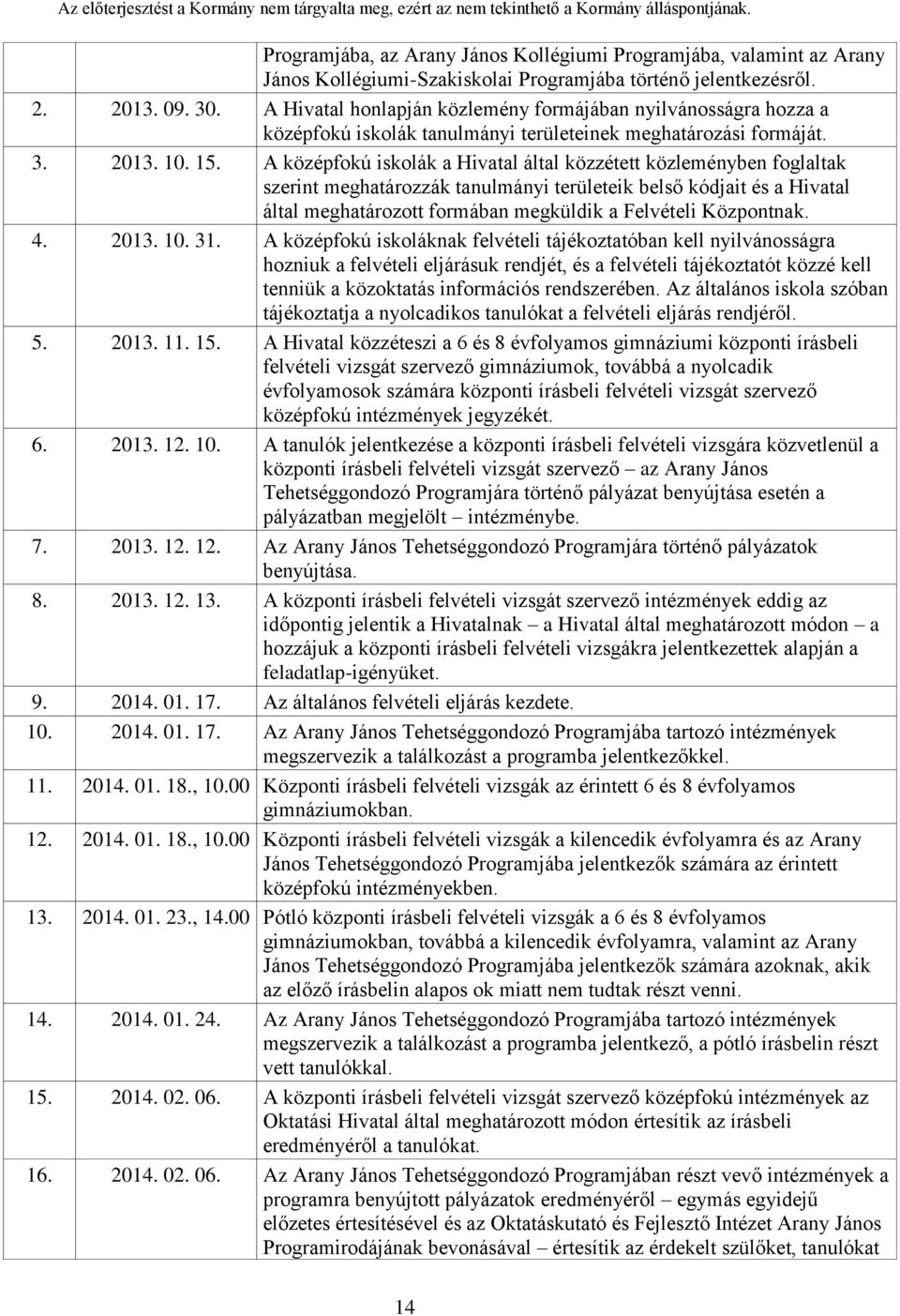 A középfokú iskolák a Hivatal által közzétett közleményben foglaltak szerint meghatározzák tanulmányi területeik belső kódjait és a Hivatal által meghatározott formában megküldik a Felvételi