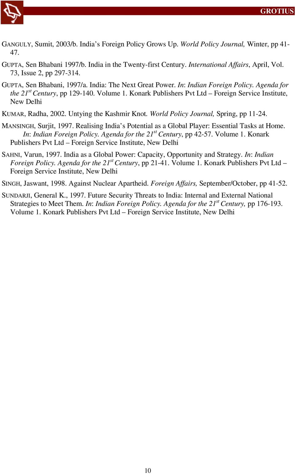 Konark Publishers Pvt Ltd Foreign Service Institute, New Delhi KUMAR, Radha, 2002. Untying the Kashmir Knot. World Policy Journal, Spring, pp 11-24. MANSINGH, Surjit, 1997.