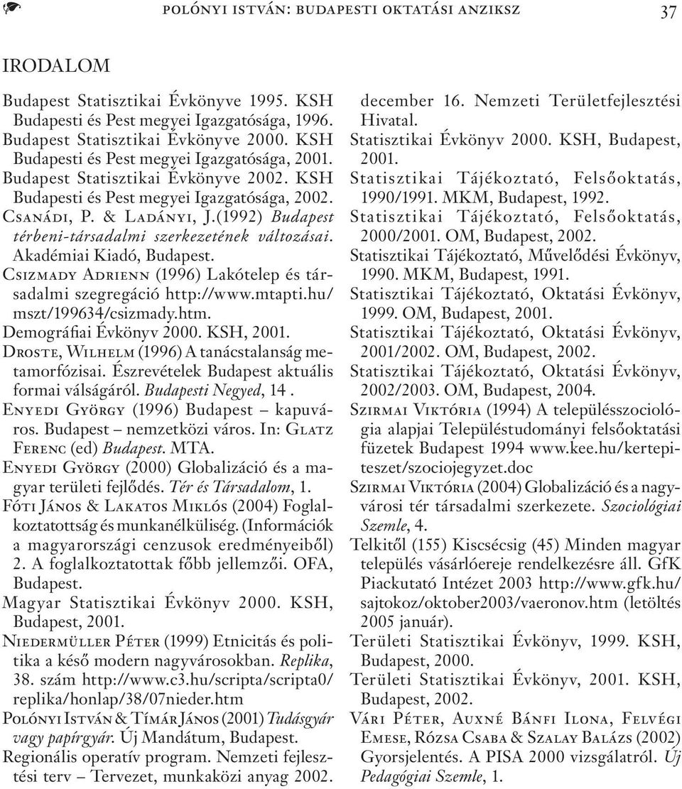 (1992) Budapest térbeni-társadalmi szerkezetének változásai. Akadémiai Kiadó, Budapest. Csizmady Adrienn (1996) Lakótelep és társadalmi szegregáció http://www.mtapti.hu/ mszt/199634/csizmady.htm.