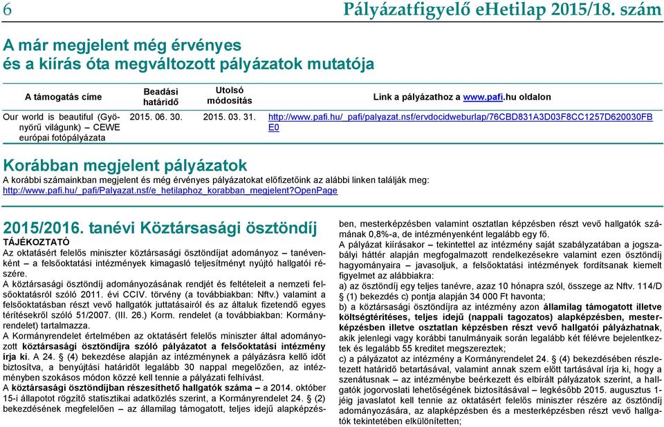 módosítás Link a pályázathoz a www.pafi.hu oldalon 2015. 06. 30. 2015. 03. 31. http://www.pafi.hu/_pafi/palyazat.
