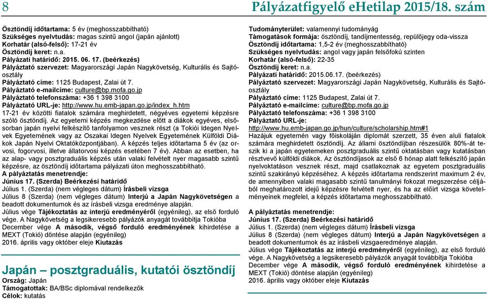 Pályáztató e-mailcíme: culture@bp.mofa.go.jp Pályáztató telefonszáma: +36 1 398 3100 Pályáztató URL-je: http://www.hu.emb-japan.go.jp/index_h.