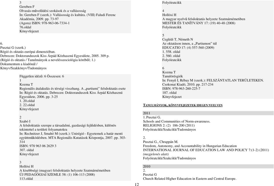 ) Dokumentum a kiadónál / Könyv/Szakkönyv/Tudományos Független idézı: 6 Összesen: 6 Kozma T Regionális átalakulás és térségi visszhang. A partiumi felsıoktatás esete In: Régió és oktatás.