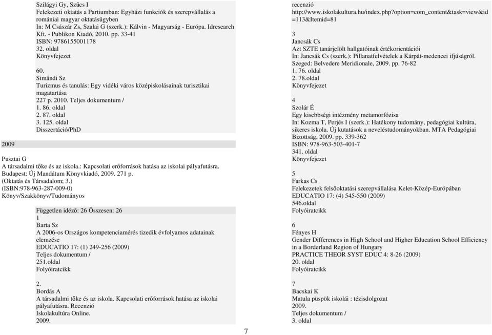 oldal Disszertáció/PhD A társadalmi tıke és az iskola.: Kapcsolati erıforrások hatása az iskolai pályafutásra. Budapest: Új Mandátum Könyvkiadó, 009. 7 p. (Oktatás és Társadalom;.