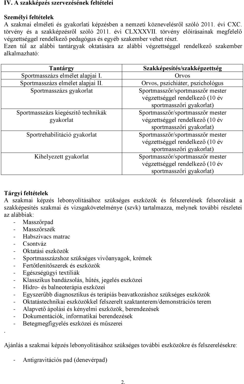 Ezen túl az alábbi tantárgyak oktatására az alábbi végzettséggel rendelkező szakember alkalmazható: Tantárgy Sportmasszázs elmélet alapjai I. Sportmasszázs elmélet alapjai II.