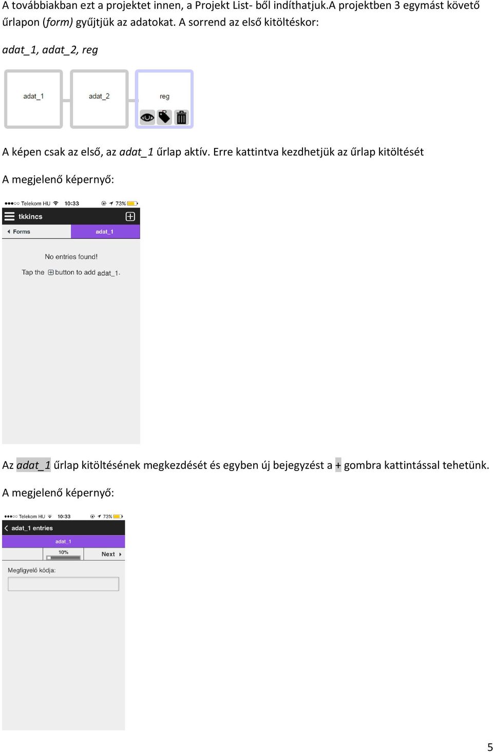 A sorrend az első kitöltéskor: adat_1, adat_2, reg A képen csak az első, az adat_1 űrlap aktív.