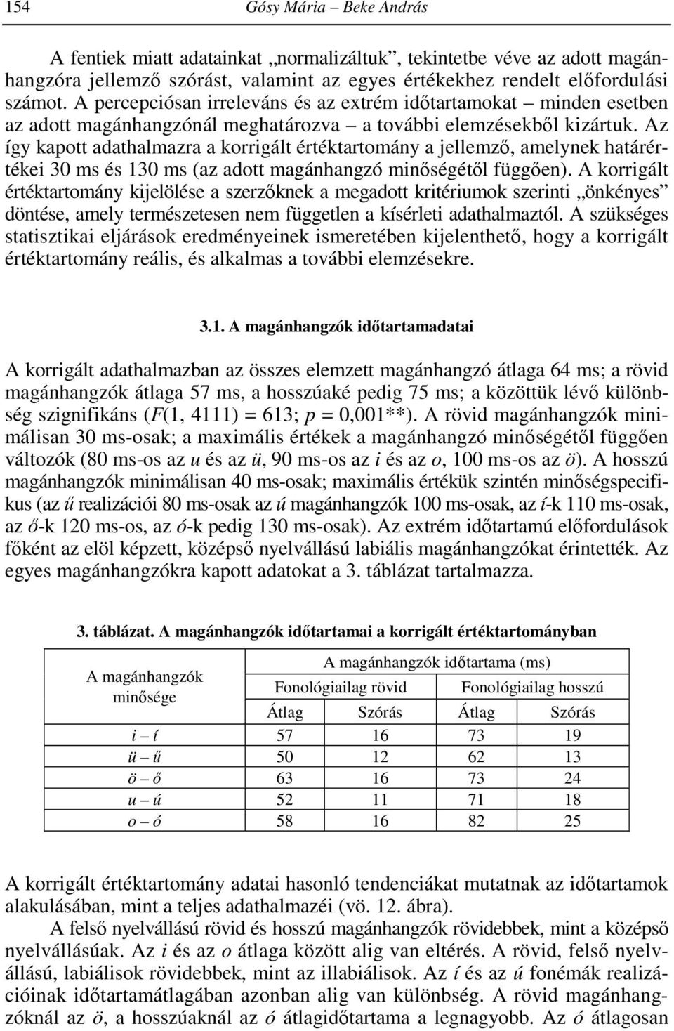 Az így kapott adathalmazra a korrigált értéktartomány a jellemzı, amelynek határértékei 30 ms és 130 ms (az adott magánhangzó minıségétıl függıen).