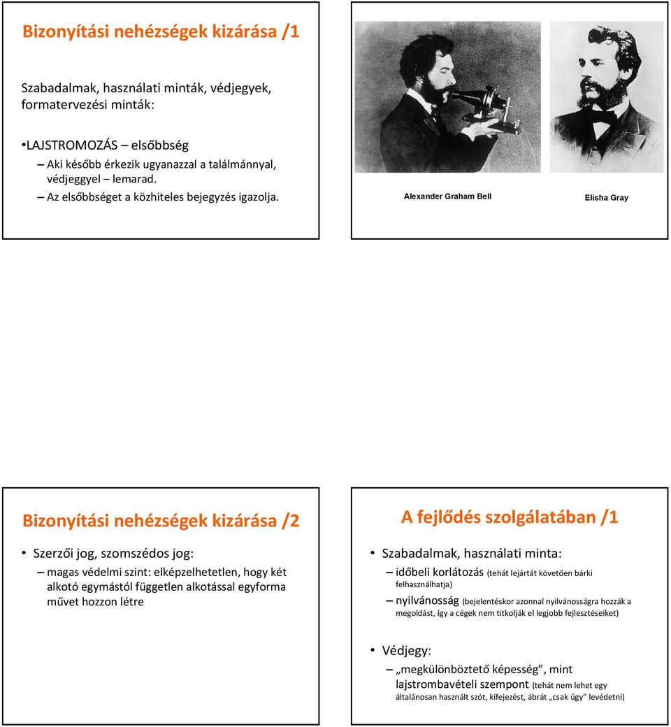 Alexander Graham Bell Elisha Gray Bizonyítási nehézségek kizárása /2 Szerzői jog, szomszédos jog: magas védelmi szint: elképzelhetetlen, hogy két alkotóegymástól független alkotással egyforma művet