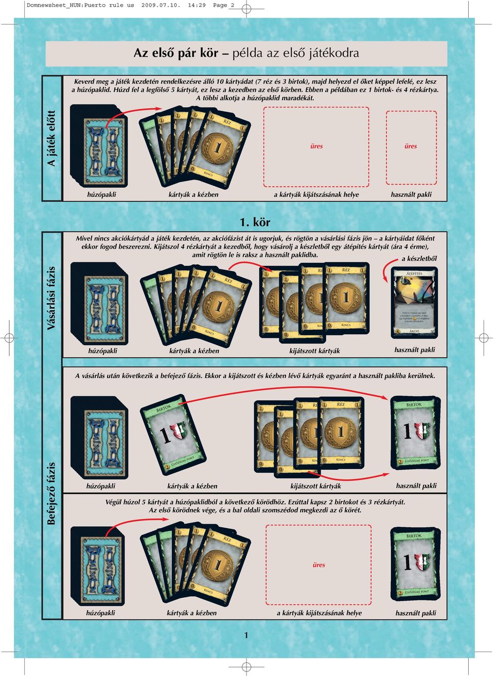 Húzd fel a legfölső 5 kártyát, ez lesz a kezedben az első körben. Ebben a példában ez 1 birtok- és 4 rézkártya. A többi alkotja a húzópaklid maradékát.