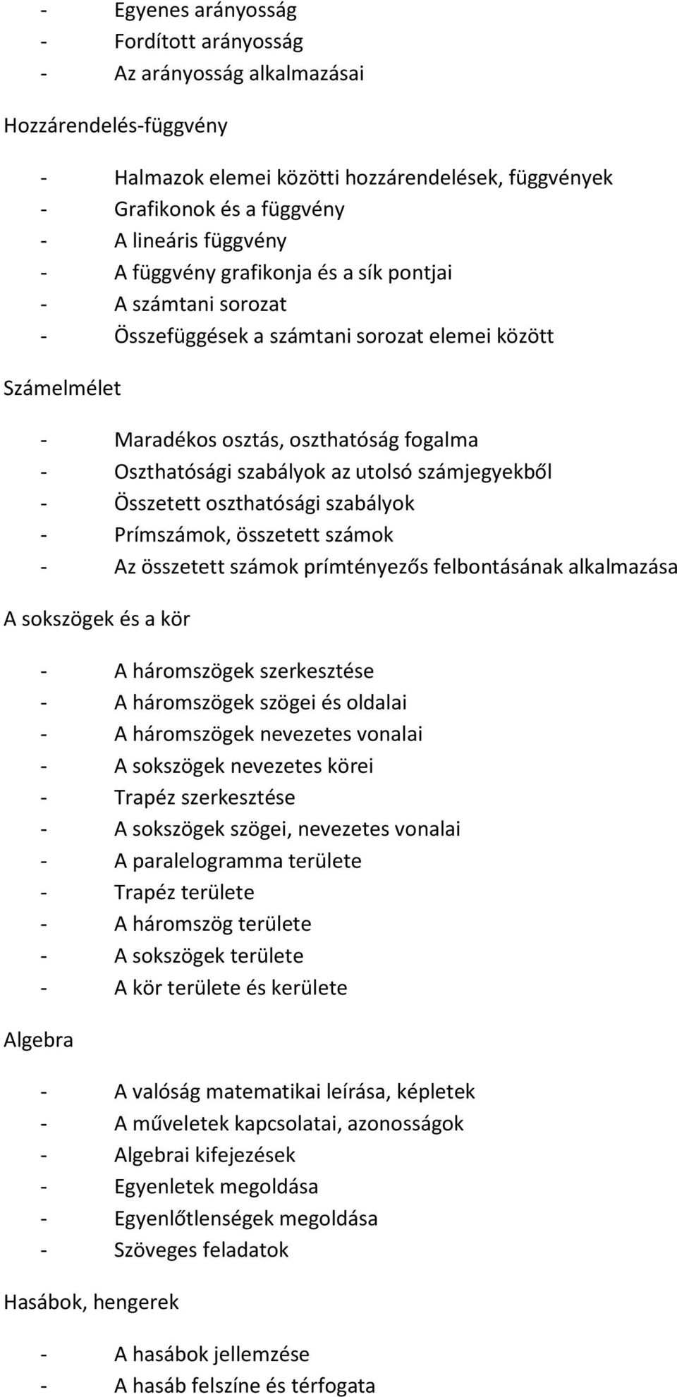 számjegyekből - Összetett oszthatósági szabályok - Prímszámok, összetett számok - Az összetett számok prímtényezős felbontásának alkalmazása A sokszögek és a kör - A háromszögek szerkesztése - A