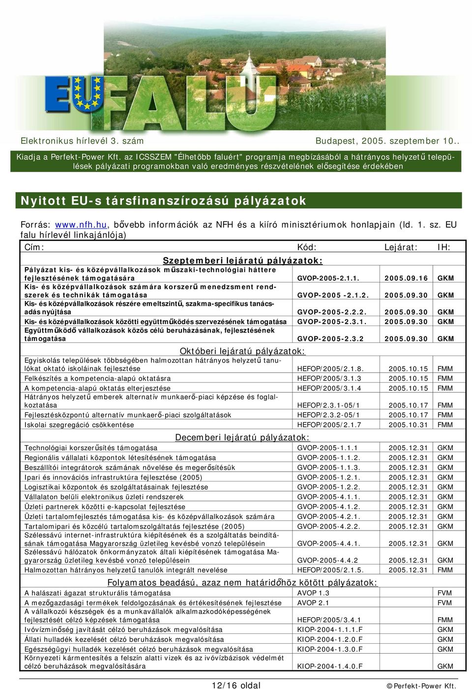 09.16 GKM Kis- és középvállalkozások számára korszer menedzsment rendszerek és technikák támogatása GVOP-2005-2.1.2. 2005.09.30 GKM Kis- és középvállalkozások részére emeltszint, szakma-specifikus tanácsadás nyújtása GVOP-2005-2.