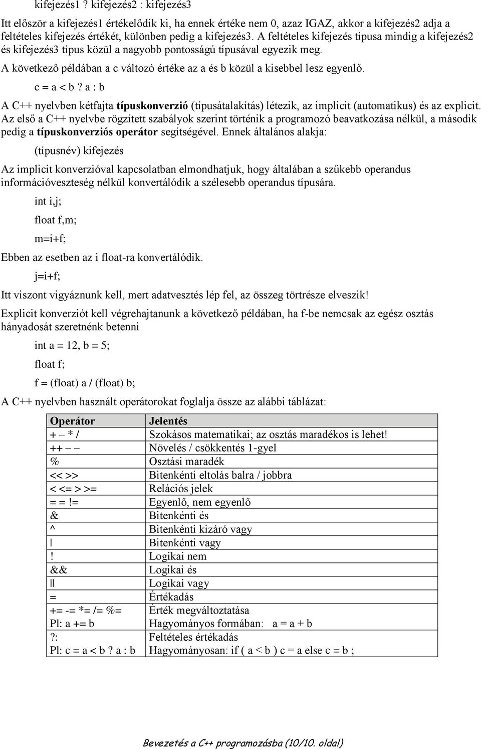 c = a < b? a : b A C++ nyelvben kétfajta típuskonverzió (típusátalakítás) létezik, az implicit (automatikus) és az explicit.