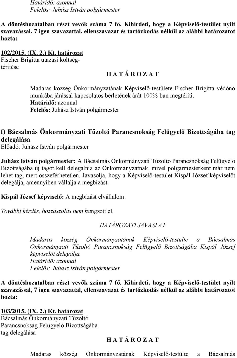 f) Bácsalmás Önkormányzati Tűzoltó Parancsnokság Felügyelő Bizottságába tag delegálása Juhász István polgármester: A Bácsalmás Önkormányzati Tűzoltó Parancsnokság Felügyelő Bizottságába új tagot kell