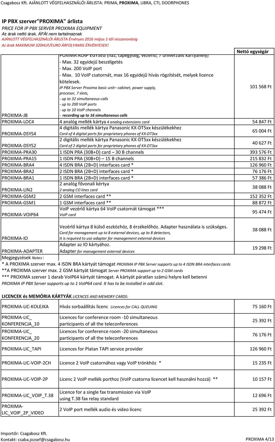 10 VoIP csatornát, max 16 egyidejű hívás rögzítését, melyek licence kötelesek.