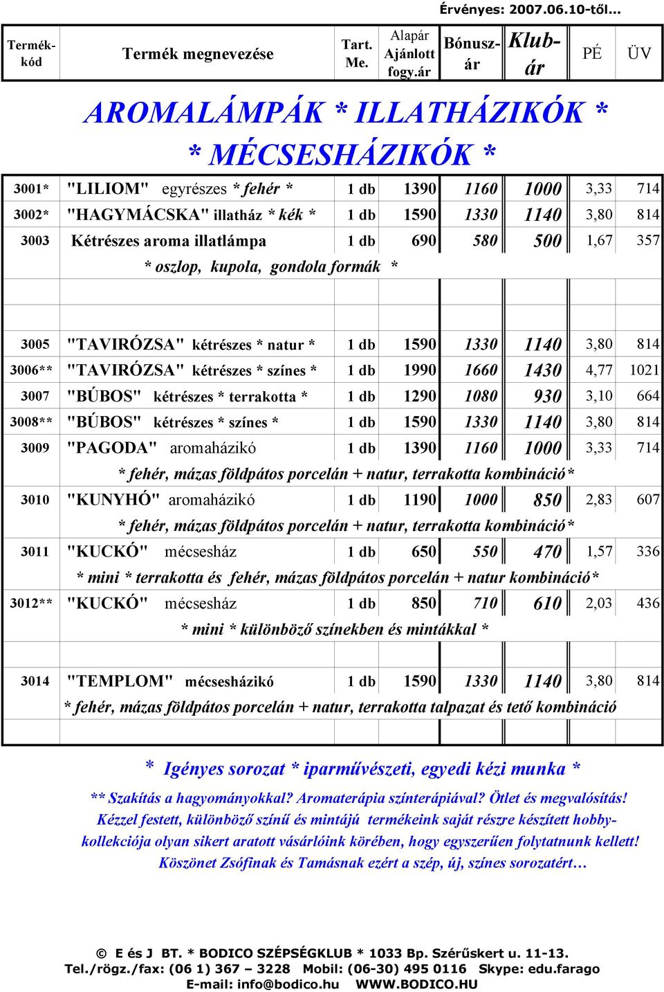 illatlámpa 1 db 690 580 500 1,67 357 * oszlop, kupola, gondola formák * 3005 "TAVIRÓZSA" kétrészes * natur * 1 db 1590 1330 1140 3,80 814 3006** "TAVIRÓZSA" kétrészes * színes * 1 db 1990 1660 1430