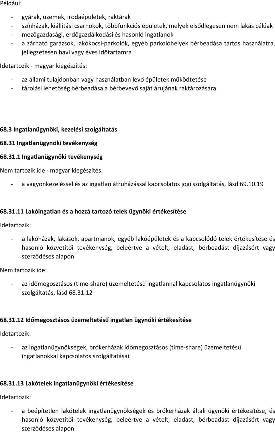 használatban levő épületek működtetése tárolási lehetőség bérbeadása a bérbevevő saját árujának raktározására 68.3 Ingatlanügynöki, kezelési szolgáltatás 68.31 