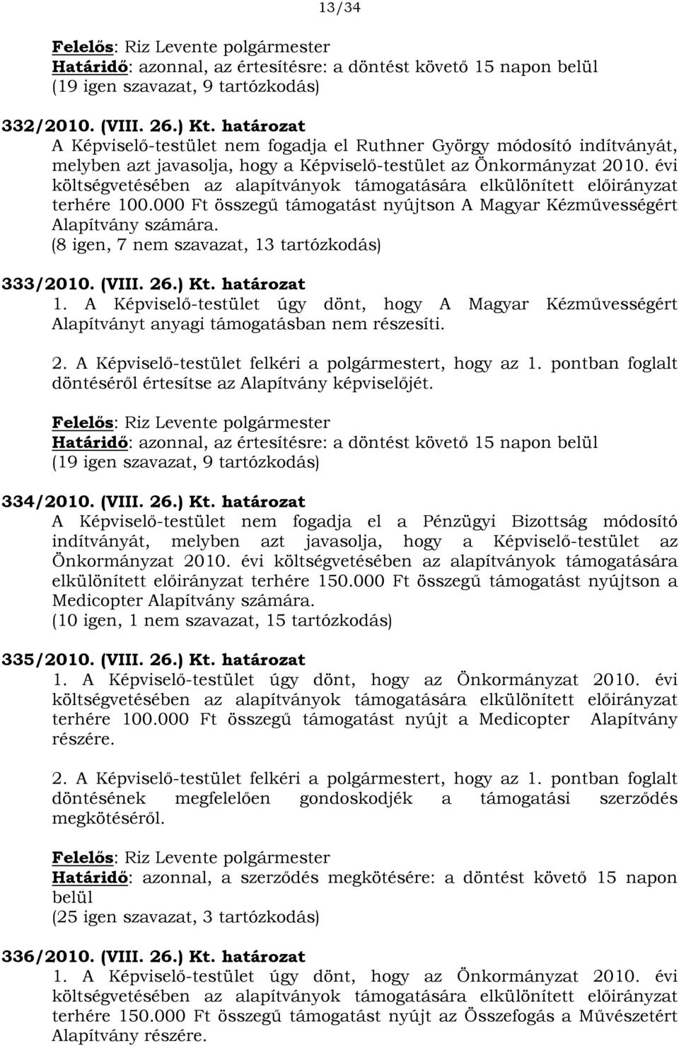 évi költségvetésében az alapítványok támogatására elkülönített előirányzat terhére 100.000 Ft összegű támogatást nyújtson A Magyar Kézművességért Alapítvány számára.