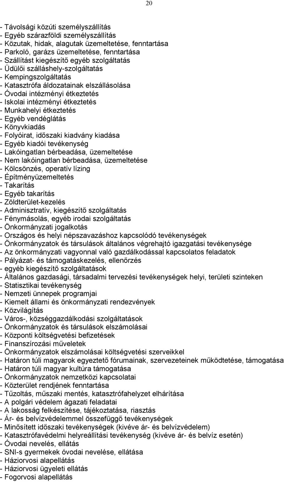 Egyéb vendéglátás - Könyvkiadás - Folyóirat, időszaki kiadvány kiadása - Egyéb kiadói tevékenység - Lakóingatlan bérbeadása, üzemeltetése - Nem lakóingatlan bérbeadása, üzemeltetése - Kölcsönzés,