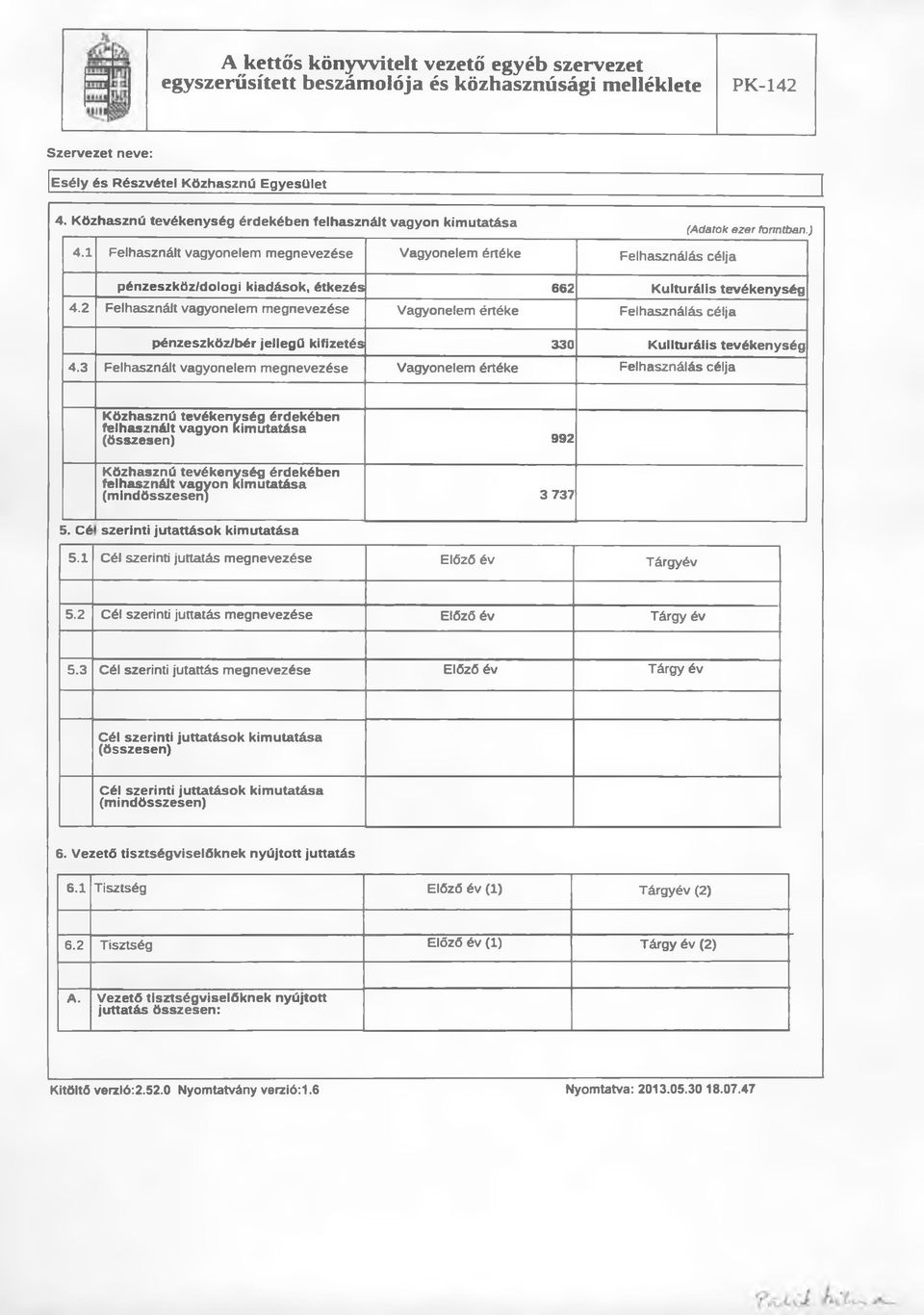 2 Felhasznált vagyonelem megnevezése Vagyonelem értéke Felhasználás célja pénzeszköz/bér jellegű kifizetés 330 Kullturális tevékenység 4.