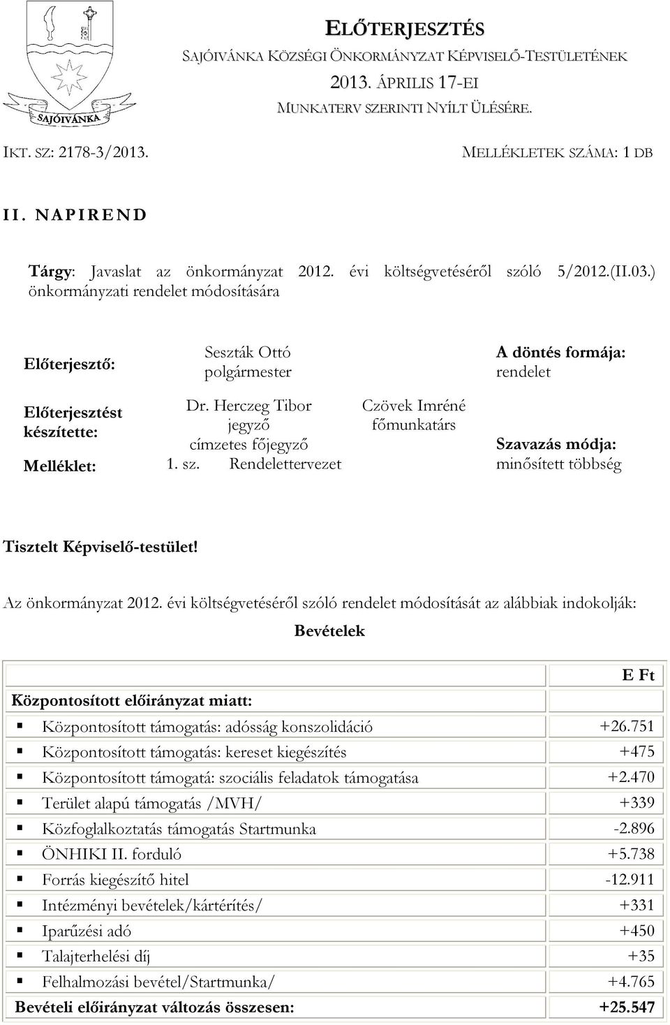 ) önkormányzati rendelet módosítására Előterjesztő: Seszták Ottó polgármester A döntés formája: rendelet Előterjesztést Dr.