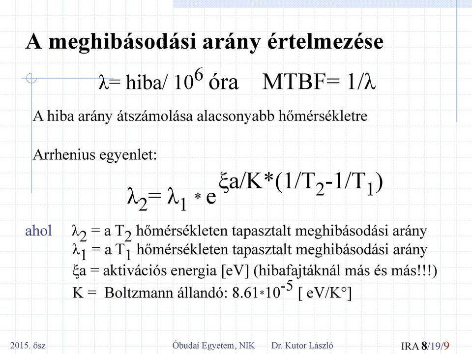 meghibásodási aráy λ 1 = a T 1 hőmérséklete tapasztalt meghibásodási aráy ξa = aktivációs eergia [ev]