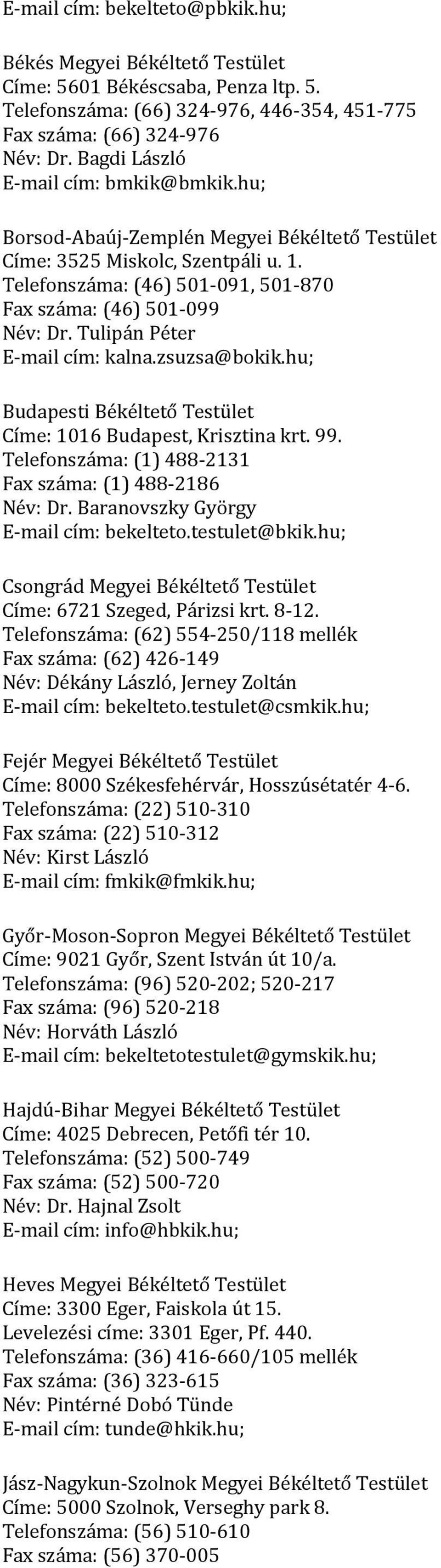 Tulipán Péter E-mail cím: kalna.zsuzsa@bokik.hu; Budapesti Békéltető Testület Címe: 1016 Budapest, Krisztina krt. 99. Telefonszáma: (1) 488-2131 Fax száma: (1) 488-2186 Név: Dr.