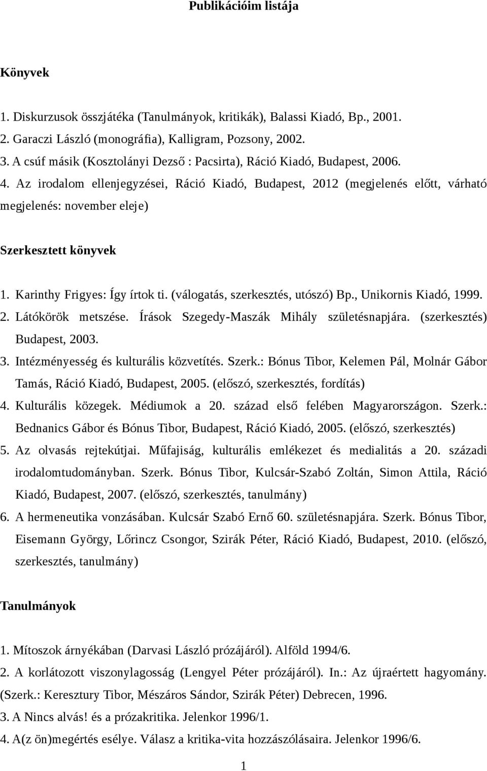 Az irodalom ellenjegyzései, Ráció Kiadó, Budapest, 2012 (megjelenés előtt, várható megjelenés: november eleje) Szerkesztett könyvek 1. Karinthy Frigyes: Így írtok ti.