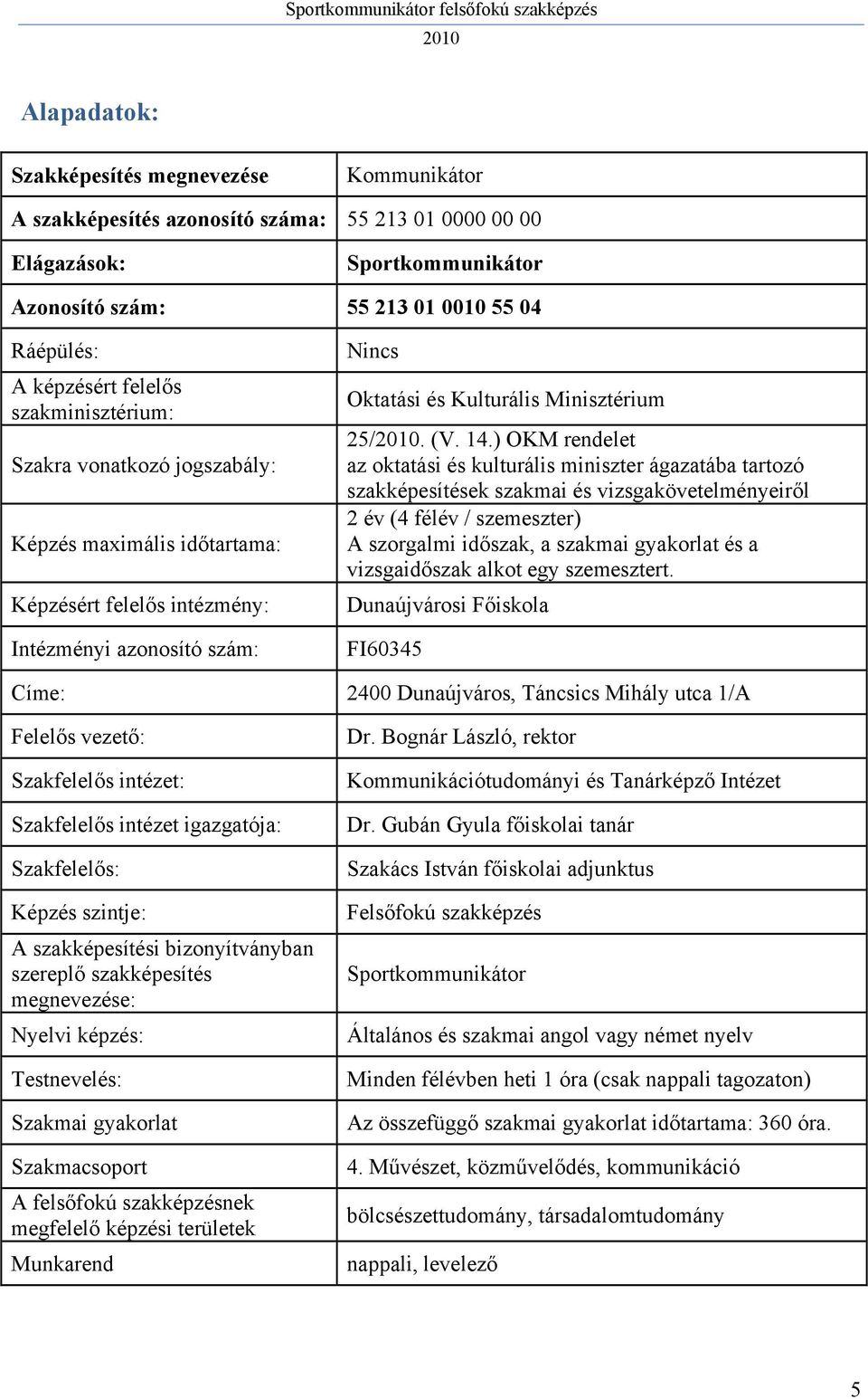 ) OKM rendelet az oktatási és kulturális miniszter ágazatába tartozó szakképesítések szakmai és vizsgakövetelményeiről 2 év (4 félév / szemeszter) A szorgalmi időszak, a szakmai gyakorlat és a