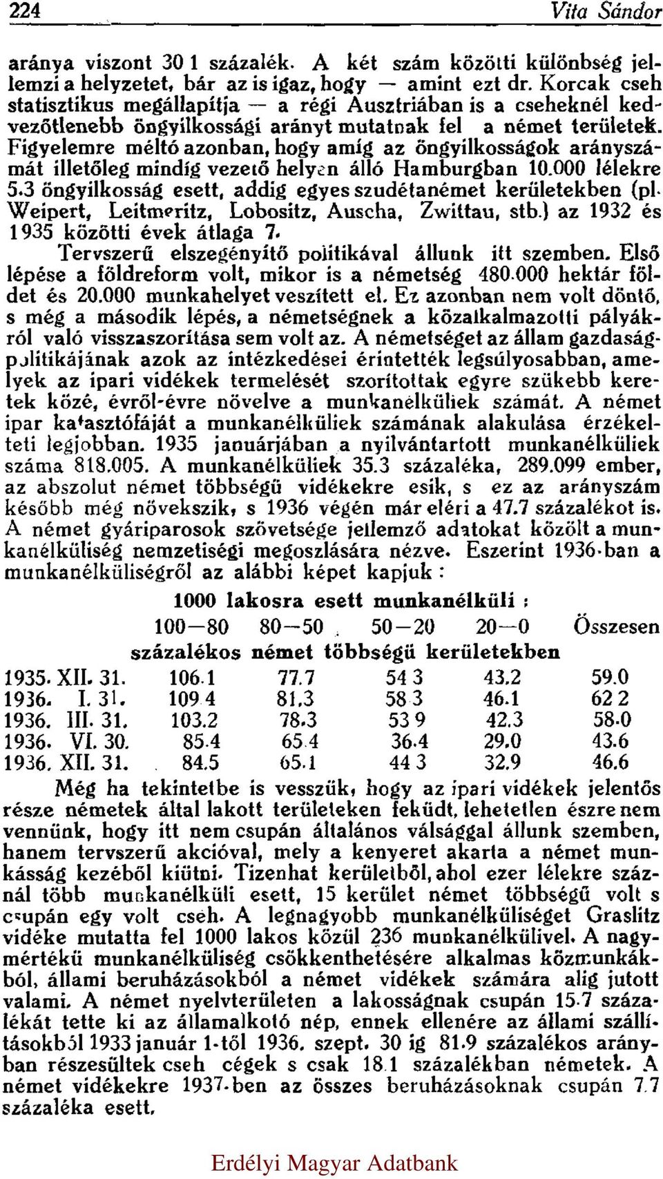 Figyelemre méltó azonban, hogy amíg az öngyilkosságok arányszámát illetőleg mindig vezető helyen álló Hamburgban 10.000 lélekre 5.3 öngyilkosság esett, addig egyes szudétanémet kerületekben (pl.