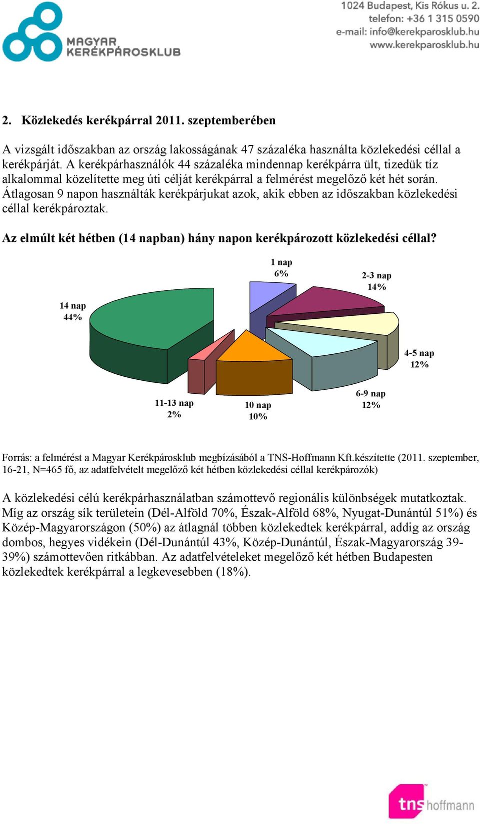 Átlagosan 9 napon használták kerékpárjukat azok, akik ebben az időszakban közlekedési céllal kerékpároztak. Az elmúlt két hétben (14 napban) hány napon kerékpározott közlekedési céllal?